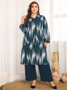 Lacomfia 2pcs/Set Plus Size Casual Commute Minimalist Long Shirt With Random Print, Stylish 2 Pieces Set Fall Cloth For Women - Teal Blue - View 4