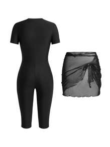 Swim Shayni Women's Short Sleeve Front Zipper Shorts Mesh Tied One Piece Swimsuit Modest Swimsuit, Black, Suitable For Beach, Spring & Summer