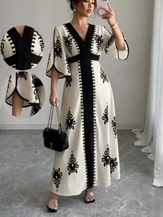 Rafferiza 女式拼色喇叭袖图案印花休闲长连衣裙