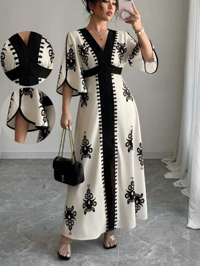 Rafferiza 女式拼色喇叭袖图案印花休闲长连衣裙