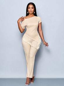 SOLERSUN Zomeroutfits Zomerkleding Strandoutfits voor dames Bruiloftsgasten Concertoutfits voor dames Rave-outfits Festival- en countryconcertoutfits Zakelijke casual outfits voor dames Vakantieoutfits voor dames Boho-stijl Bescheiden gehaakte strandkleding Asymmetrische schouders Sexy Elegant Slanke taille Dames Abrikooskleurig tweedelig pak met kwastjes - Abrikoos - Bekijken 6