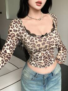 DAZY Women's Lace Patchwork Leopard Print Long Sleeve Fitted T-Shirt,Fall Clothes - Apricot - View 4