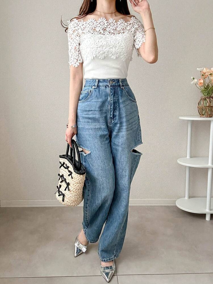 Women's Elegant Korean Style Gentle Contrast Lace Off-Shoulder Fitted T-Shirt, Summer