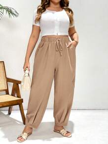 SHEIN Essnce 大码女式夏季服装 女士度假服装 女士沙滩装 女士度假服装 女士亚麻裤 海滩度假服装 新款时尚休闲通勤度假亚麻卡其色拼接蕾丝宽松打底裤，胡萝卜裤， - 卡其色 - 查看 5