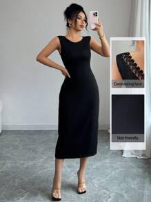 Elenzga Women Lace Patchwork Hollow Out Midi Dress - Black - View 1