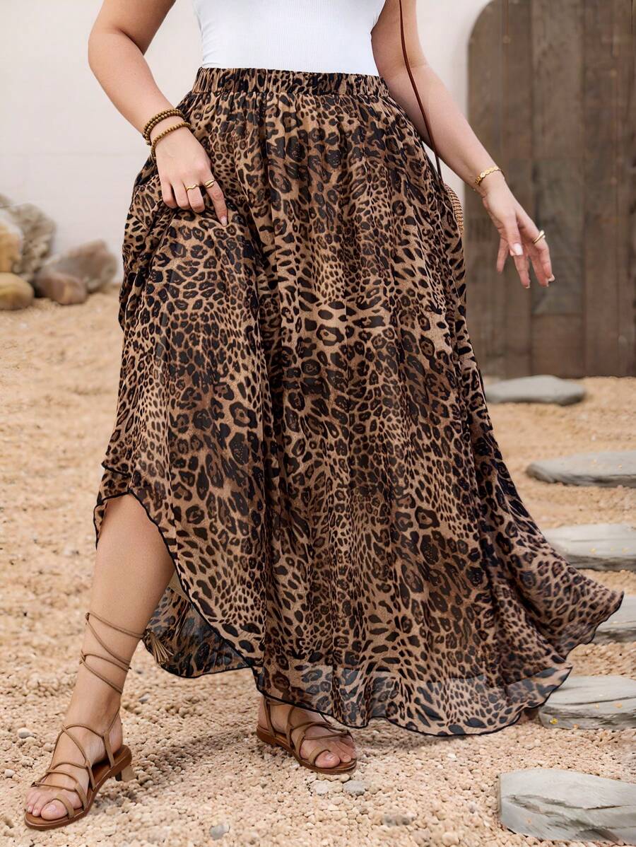 SHEIN Clasi Leopard Print Chiffon Flowy Skirt For Plus Size Women, Elegant Daily Beach Skirt Plus Size Skirts Classy Skirt Women Maxi Skirt