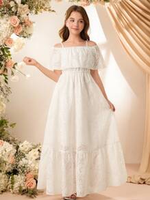 花童优雅露肩刺绣花卉礼服，白色，精致简约的设计，适合所有季节的婚礼 - 白色 - 查看 3