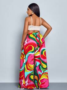 SOLERSUN 大码女式时尚液体波纹艺术图案阔腿裤，海滩度假，海滨度假，返校季，休闲，宽松阔腿裤，波西米亚风 - 紅色 - 查看 5