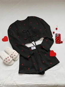 Conjunto de top de manga larga y pantalones cortos con estampado de corazones rojos y blancos, conjunto de Navidad para mujer - Negro - Ver 4