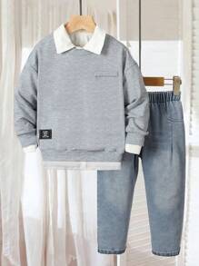 SHEIN 2 件套年轻男孩时尚套装 - 黑色针织圆领长袖运动衫和仿口袋牛仔休闲裤，适合休闲装、上学、旅行、度假、放松、夏季 - 灰色 - 查看 1