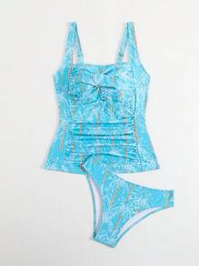 SHEIN 2 Pieces Women Beach Summer Outfit, Elegant Crisscross Front Ruched Cami Top And Bikini Set - Green - View 5