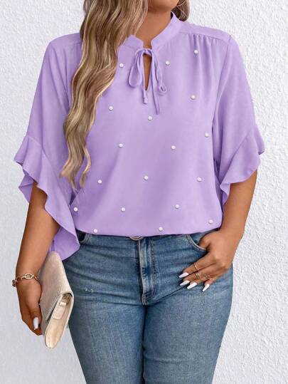 Plus Size Women Tie Collar Faux Pearl Decor Flare Sleeve Elegant Blouse