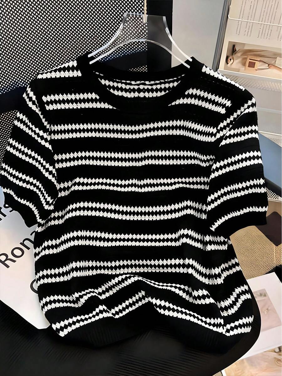 Manfinity Hypemode Men's Short Sleeve Striped Minimalist Knit Sweater, Casual Everyday Wear - Black and White - View 1