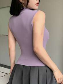 DAZY Ärmlösa Bodycon-linnen för kvinnor med hög hals - Blåröd - Visa 4