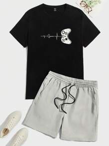 Manfinity VCAY Men Game Controller Print T-Shirt + Woven Shorts 2 Pieces Set - Light Grey - View 1