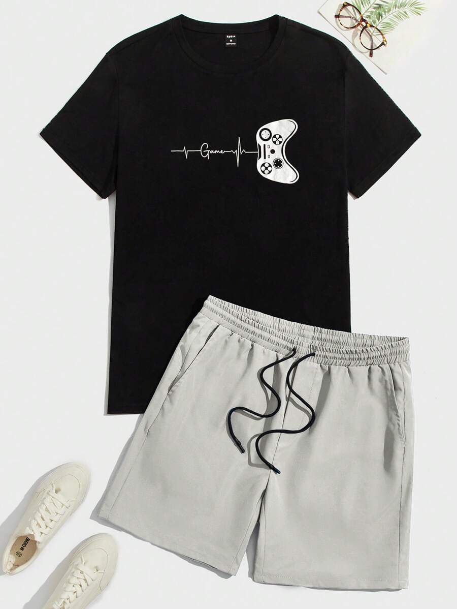 Manfinity VCAY Men Game Controller Print T-Shirt + Woven Shorts 2 Pieces Set - Light Grey - View 1