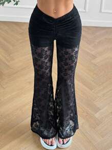 SHEIN EZwear Pantalones con volantes y cintura fruncida de encaje negro para mujer