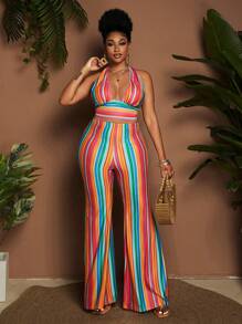 Maweii Plus Size Colorful Striped Print Knit 2 Pieces Set, Halter Neck Tie Top, Long Pants - Multicolor - View 1