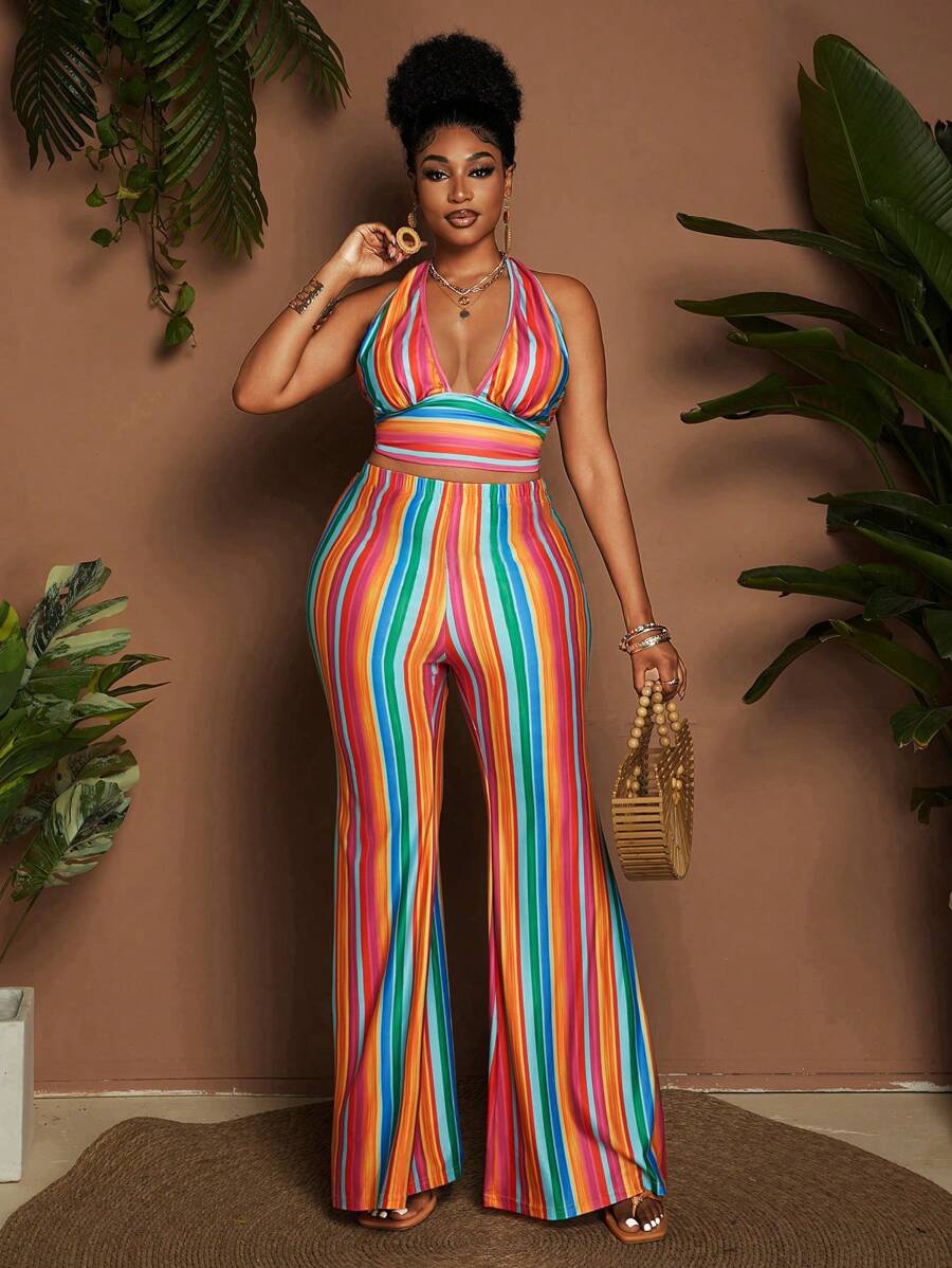 Maweii Plus Size Colorful Striped Print Knit 2 Pieces Set, Halter Neck Tie Top, Long Pants - Multicolor - View 1