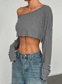 StreetHx 性感不对称领口短款上衣，简约设计，适合夏季 - 淺灰色 - 查看 5