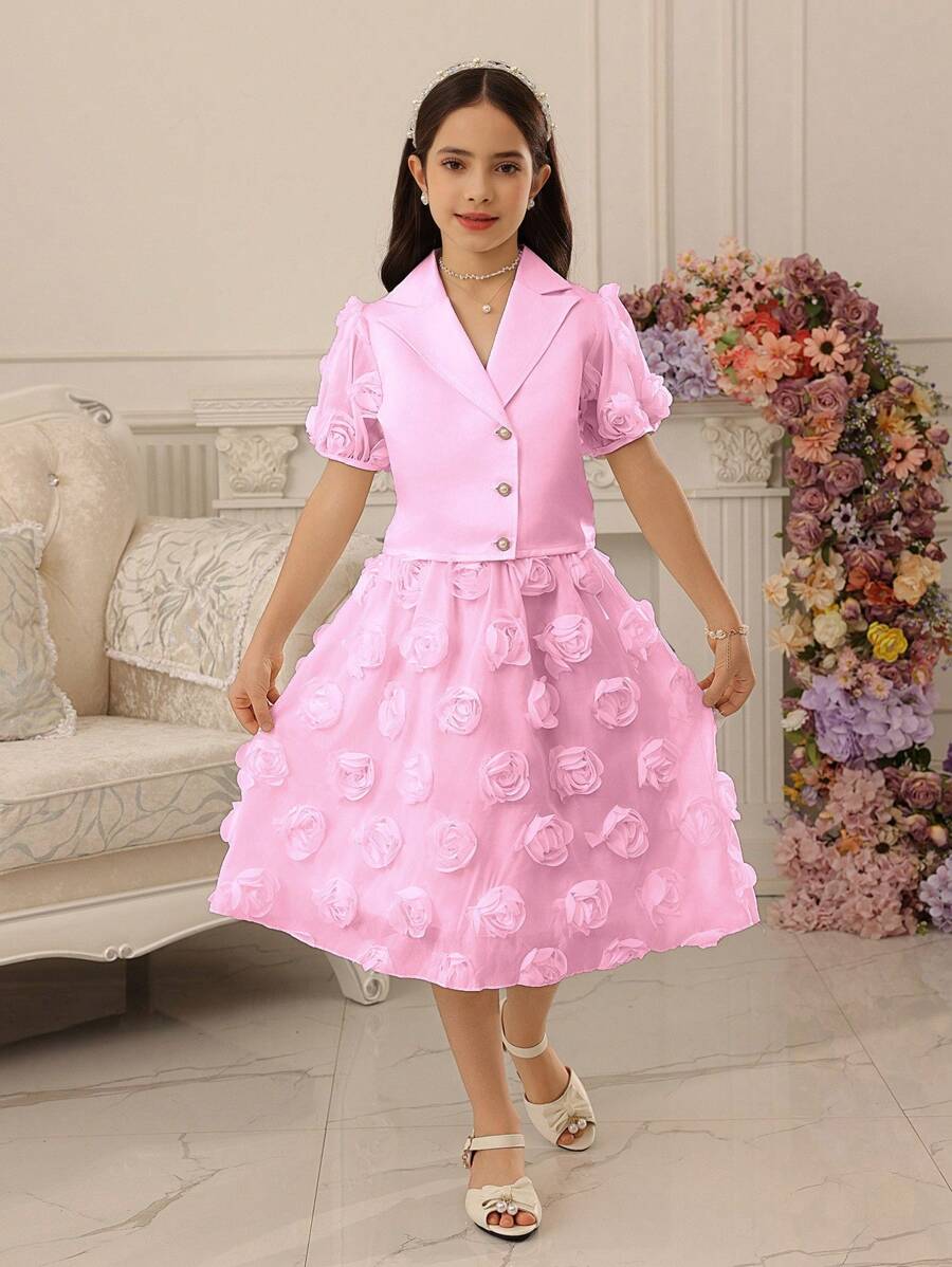 Tween Girl Pearl Button Collar Puff Sleeve Shirt And Cutwork Skirt Two Pieces Set - Pink - View 1