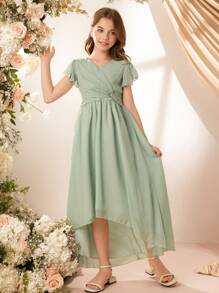 Tween Girls V-Neck Solid Color Ruched Cap Sleeve A-Line Dress, Elegant For Party, Wedding, Flower Girl/Bridesmaid, Holiday - Green - View 5