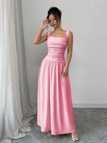 Rafferiza Đầm xếp ly không tay thanh lịch dành cho nữ có cổ vuông, màu trơn - Hồng - Xem 5