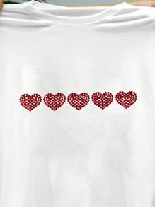 SHEIN Regular Fit Heart Rhinestone Embellished Round Neck Loose T-Shirt For Women - White - View 5