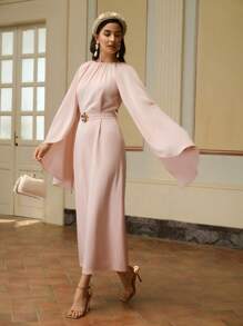 ZEYLAH Women's Solid Color Round Neck Long Sleeve Elegant Maxi Dress, Satin Evening Dress - Pink - View 1