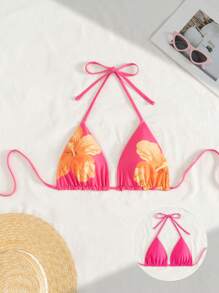 Swim Mod Floral Print Cute & Fashionable Halter Backless Bikini Top For Summer Beach Vacation - Pink - View 1