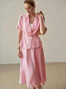MOTF PREMIUM CAMISA DE LINO PURO DE COLOR SÓLIDO CON CUELLO CON PICO Y MANGAS CORTAS CON TOP DE PEPLUM DE CINTURA ELÁSTICA - Rosa - Ver 5