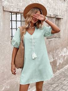 SHEIN LUNE Summer Casual Green Stripe Women Loose Fit V-Neck Doll Dress  Ibiza European Summer Emerald Green Dress  Women Summer Clothes Summer Dressesvacation Outfits Women Summer Dresses For Women - Green - View 5
