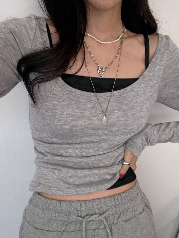 2pcs Women Solid Color Long Sleeve T-Shirt And Spaghetti Strap Tank Top Set,Fall Clothes