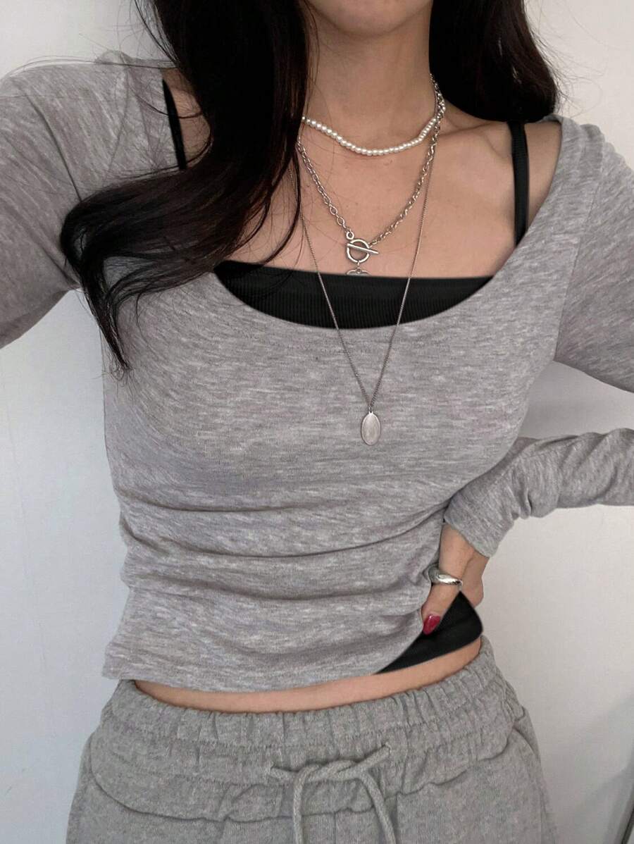 DAZY 2pcs Women Solid Color Long Sleeve T-Shirt And Spaghetti Strap Tank Top Set,Fall Clothes - Grey - View 1