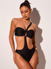 SHEIN Swim 女士纯色镂空金属配饰装饰连体泳衣，性感时尚 - 黑色 - 查看 3