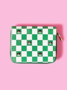 THE POWERPUFF GIRLS X SHEIN 1pc White & Green Checkered Cartoon Print Small Wallet