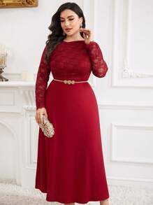 Modelyn Váy dài trang trí ren đơn giản in họa tiết ngẫu nhiên cỡ lớn màu đỏ tía cho nữ, váy dạ hội thanh lịch, váy dạ hội dài - Màu Đỏ Sâu - Xem 6