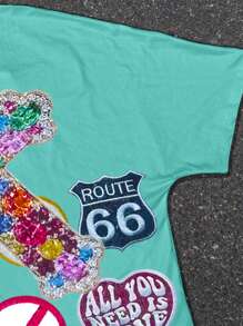 PAVTROS 男士截短款T恤 超大彩色钻石十字图案 分类小图案字母印花 INS街头宽松白T恤