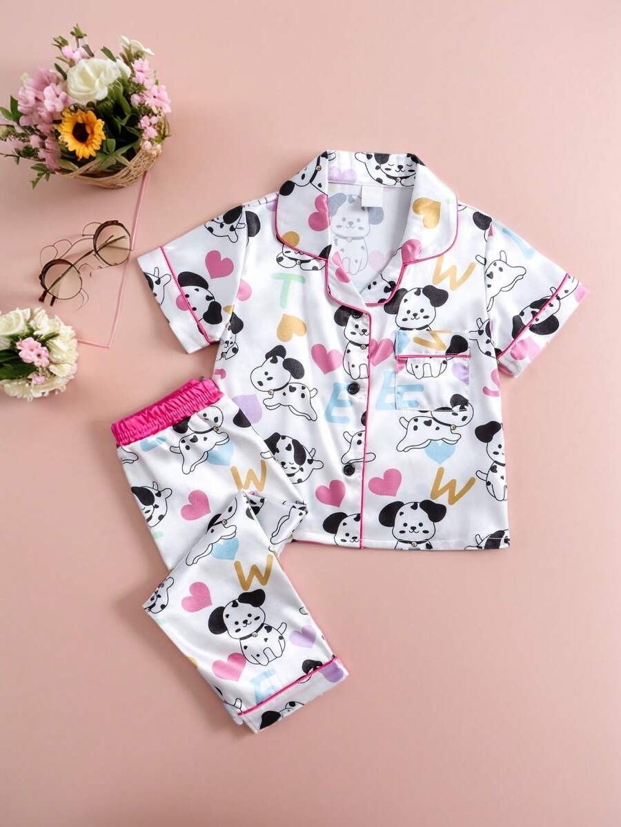 2pcs Baby Girls Cute Cartoon Animal Print Short Sleeve Top And Shorts/Pants Casual Homewear Set, Spring & Summer - Multicolor - View 1