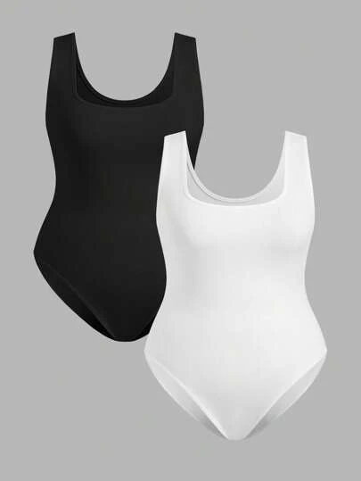 SHEIN EZwear 2 件加大码黑白紧身衣，适合夏季穿着