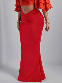 SHEIN SXY Plus Size Women's Solid Color Ruffle Mermaid Hem Elegant Skirt