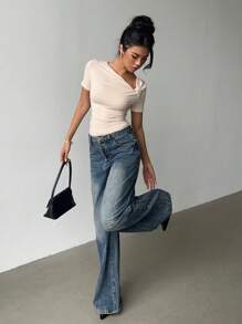 Siren Gaze Women Oblique Collar Short Sleeve T-Shirt, Summer New Design Fitted Casual Top