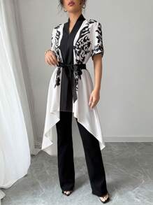 Elenzga Koszula w stylu Apricot Base Black Floral Print French Elegant Precision Swallowtail Hem Digital Print Long Vacation, wiosna/lato