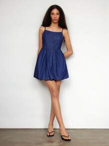 Maija 女士蓝色牛仔吊带荷叶边中长连衣裙 - 深色水洗藍 - 查看 7