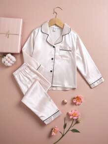 SHEIN 纯色斜纹长袖和裤子睡衣套装，柔软舒适，适合夏季年轻女孩服装套装短袖年轻女孩睡衣年轻女孩夏季套装年轻女孩生日装女孩睡衣套装缎面度假旅行休闲夏装 - 香檳色 - 查看 1