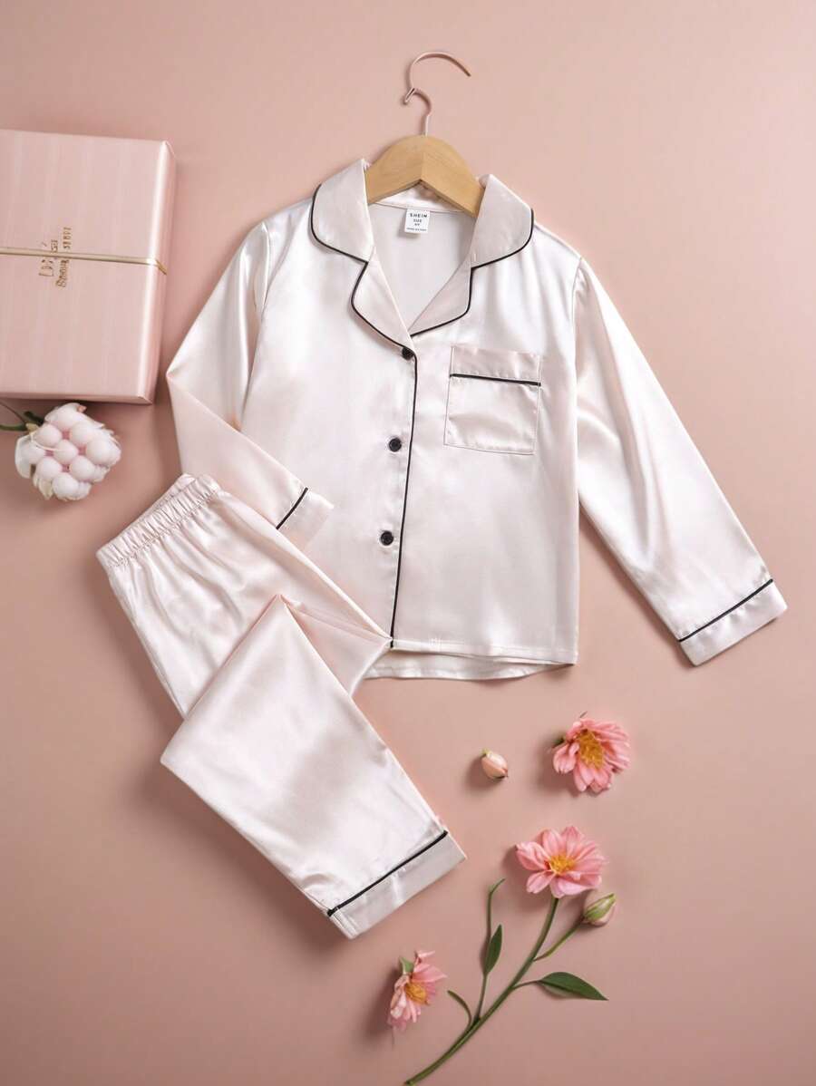 SHEIN 纯色斜纹长袖和裤子睡衣套装，柔软舒适，适合夏季年轻女孩服装套装短袖年轻女孩睡衣年轻女孩夏季套装年轻女孩生日装女孩睡衣套装缎面度假旅行休闲夏装 - 香檳色 - 查看 1