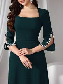 Coutiva Vestido elegante de noche de mujer con falsa perla y punto verde, vestido de fiesta, vestido de invitada de boda