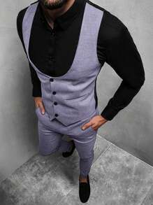 Calvornis Men's Single-Breasted Vest And Pants Business Formal Suit Set - Purple - View 3