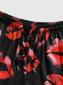 ROMWE MEN Street Life Valentine's Day Lovers Theme Print Mesh Breathable Shorts For Men, Spring/Summer - Black - View 4