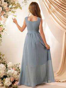 Tween Girls Elegant Bridesmaid Gown, Blue Chiffon Ruffle Splice Spaghetti Strap Open Shoulder Maxi Dress, Sweet Fashion Simple Style For Girl - Light Grey - View 2